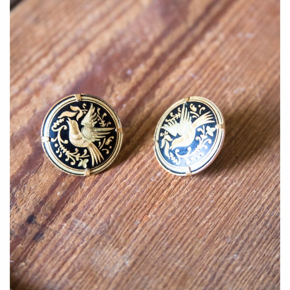 Vintage Jewelry - Vintage Gold Bird Damascene Round Earrings